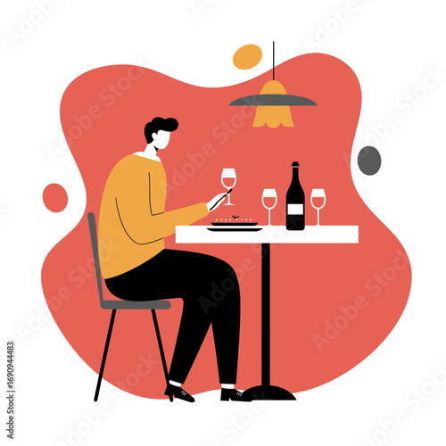Man enjoying a solo dining experience at a restaurant table with a meal and wine, representing modern leisure and lifestyle concepts.