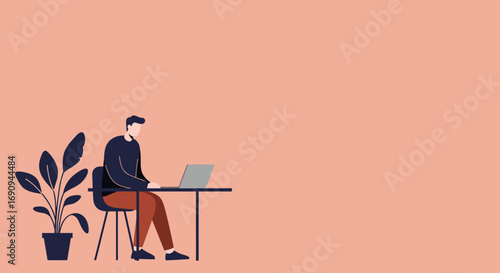 Illustration of a focused man working on his laptop at a desk with a plant, symbolizing remote work, productivity, and digital lifestyle. Ideal for business and technology themes.