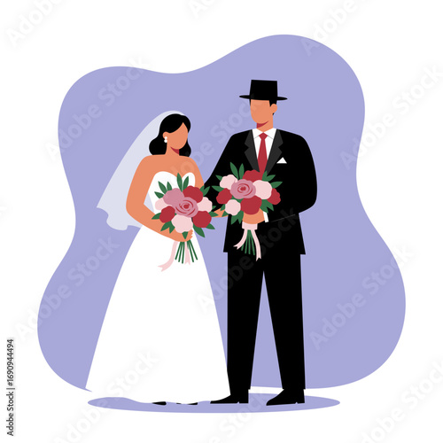 Illustration of a happy bride and groom holding bouquets on their wedding day, symbolizing love, partnership, and celebration.