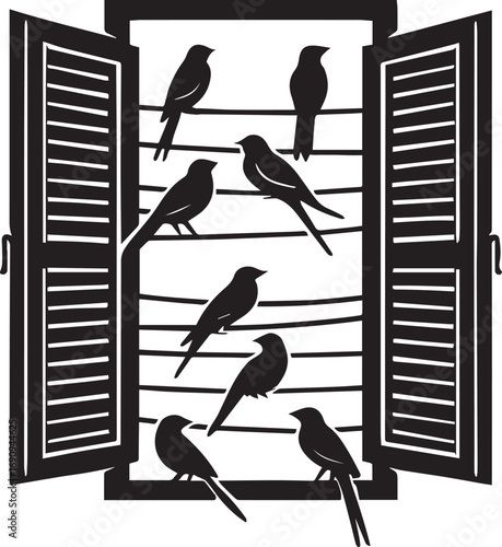 Silhouette of Birds Perched on Wires in an Open Window with Shutters Keywords: birds, window, open, shutters, perched, silhouette, black and white, illustration, graphic, design, art, freedom