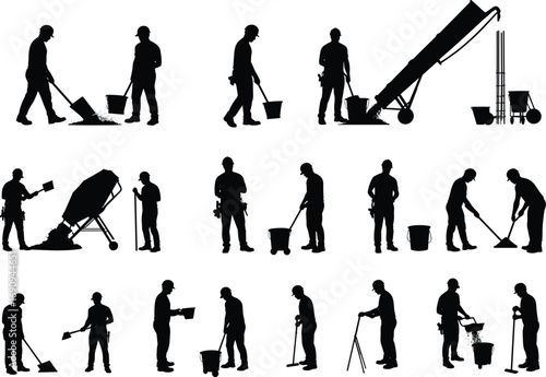 Silhouette of construction workers with tools, equipment, and concrete mixer at building site, teamwork, heavy labor, construction industry, safety gear, black vector illustration.