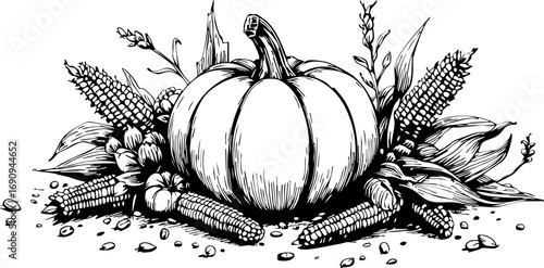 Harvesting autumn's bounty pumpkin and corn display in idyllic farm setting hand-drawn