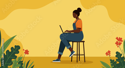 African American woman working remotely on laptop, surrounded by plants. Ideal for freelance, online education, or modern digital lifestyle concepts.