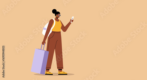 Stylish woman with a backpack and shopping bag, looking at her smartphone. Represents modern lifestyle, online shopping, travel, and digital connectivity.