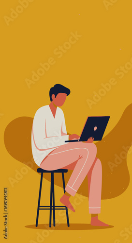 Man in pajamas working from home on a laptop, embodying remote work flexibility and modern lifestyle. Ideal for productivity, comfort, and digital business.