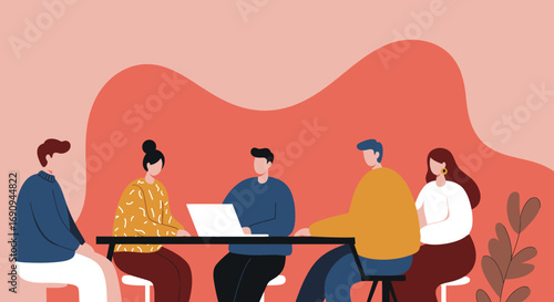 Diverse team collaborates in a modern meeting, using a laptop. Ideal for business strategy, project discussions, or startup innovation concepts.