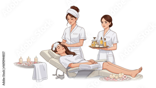 Two attentive spa professionals providing a relaxing facial treatment to a woman lying in a comfortable recliner with a towel on her head