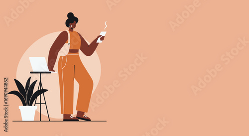 Modern woman working remotely, communicating digitally with smartphone and laptop. Represents freelance, online business, and connected lifestyle.