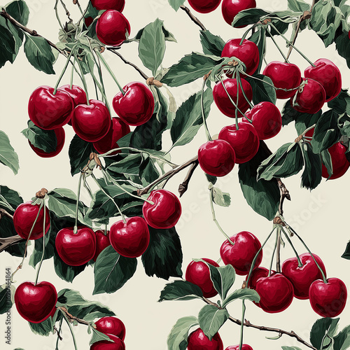 Watercolor Cherries and Crochet Flowers Seamless Pattern