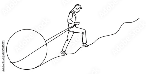 Continuous line art of a man pulling a large rock using a rope on a winding, uphill road. The concept of working hard to achieve a goal. Vector illustration.