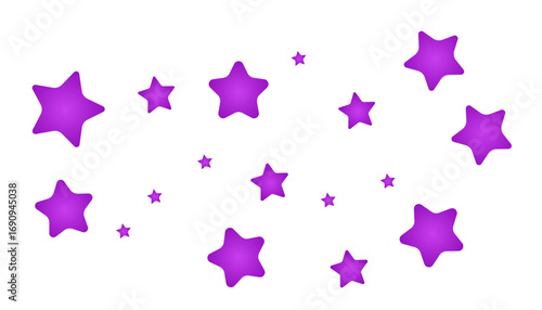 White background scattered with purple stars of various sizes, playful distribution across space, giving a dreamy cartoon vibe as if floating in a magical galaxy design.