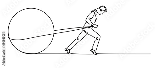Continuous line art of a man pulling a large rock using a rope on a flat road. The concept of working hard to achieve goals. Vector illustration.