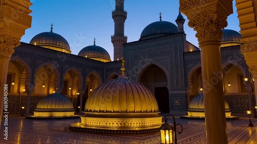 Ornate mosque domes and minaret illuminated at dusk, creating a serene spiritual atmosphere.