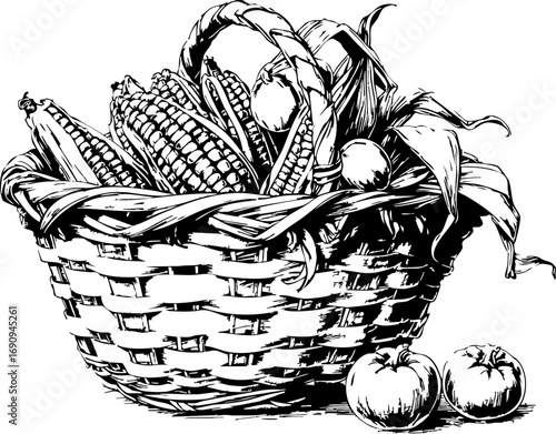 Harvesting corn and tomatoes in a rustic basket farm market food natural setting close-up culinary delight
