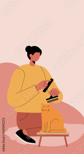 A person tenderly grooms their happy orange cat with a brush and comb, illustrating pet care, bonding, and a loving home lifestyle. Ideal for pet product ads or animal welfare.