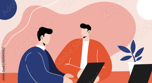 Two professional men collaborating in a modern office, discussing business strategies and using technology. Ideal for concepts of teamwork and partnership.