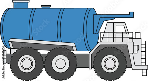 Blue water truck transporting liquid across construction site, providing necessary resource for dust control and operations on a sunny day.
