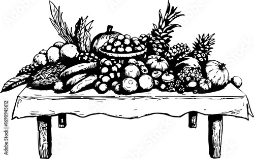 Harvest bounty displayed on a rustic table vibrant fruits and vegetables farm setting close-up perspective seasonal abundance