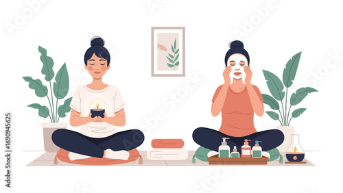 Two young women practicing self care and relaxation at home one applying facial mask the other using phone
