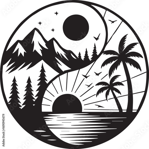 Yin Yang Symbol with Mountain and Tropical Landscape Scenes balance harmony