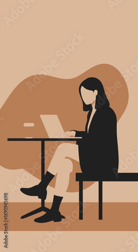 Young woman working on laptop at a cafe table with coffee. Represents remote work, business productivity, or a modern digital lifestyle.