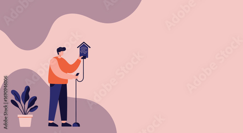 Man uses a smartphone to control a smart home system, illustrating modern technology, automation, and a convenient, efficient lifestyle.