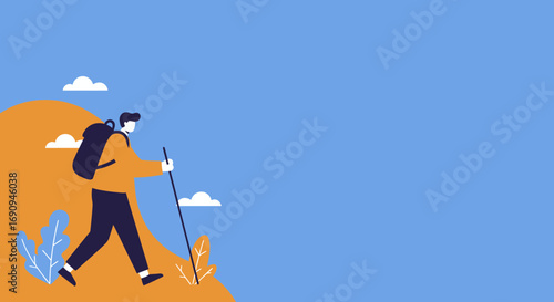 Flat illustration of a person hiking with a backpack and walking stick on a hill under a clear blue sky, symbolizing outdoor adventure and exploration.