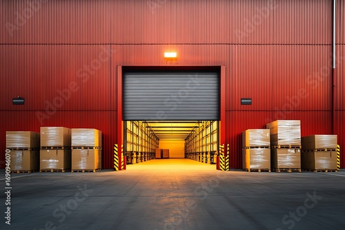Wide shot of a large industrial warehouse loading dock with stacked cardboard boxes and an open roll up door revealing shelves inside