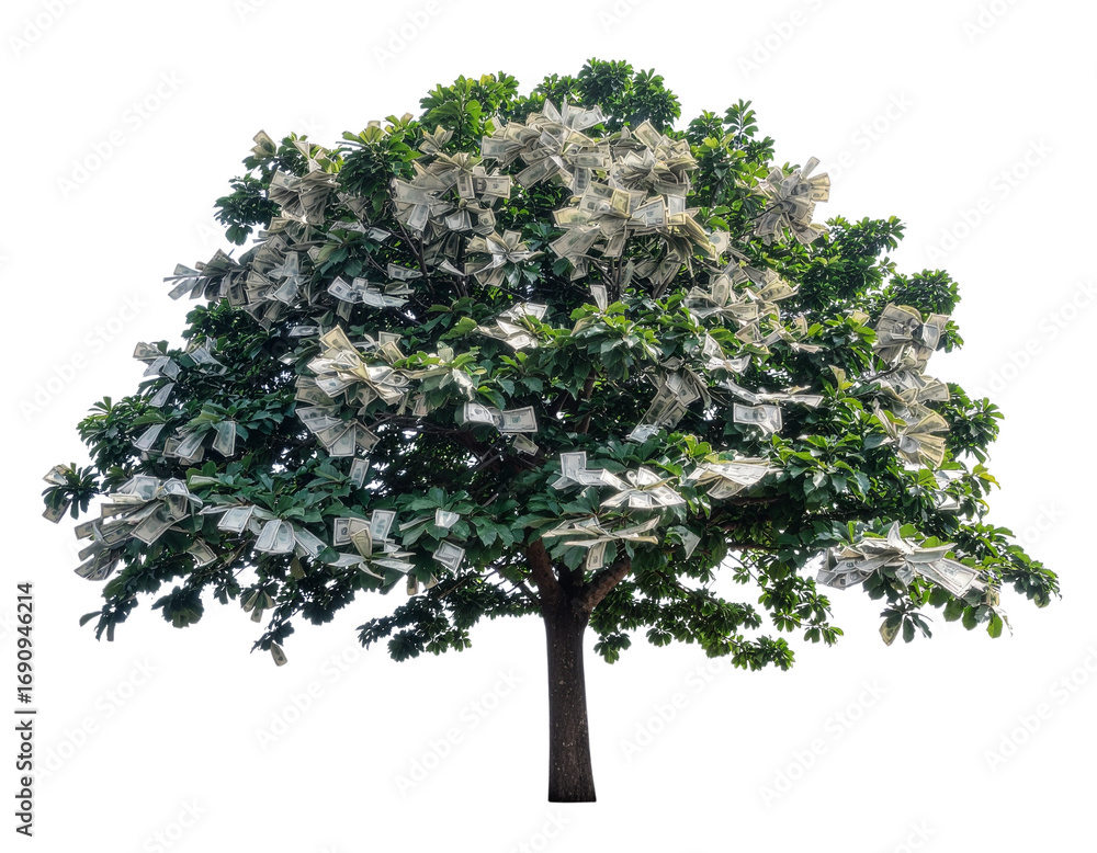 Fototapeta premium Firefly_Money tree with dollars instead of leaves isolated on cut out PNG or transparent back