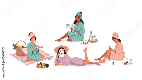Diverse group of women enjoying a relaxing spa day outdoors with skincare products and healthy refreshments on a white background