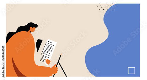 Focused person reading a document and holding a pencil, ideal for business, education, or creative planning concepts. Modern minimalist illustration.