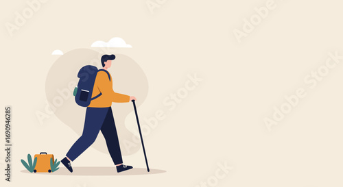 Illustrative man with backpack and walking stick embarking on an adventure. Represents travel, exploration, active lifestyle, and a personal journey.