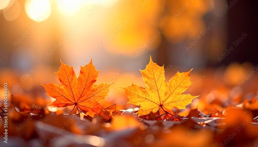 Fototapeta premium Orange maple leaves on the ground with a bokeh effect defocused background
