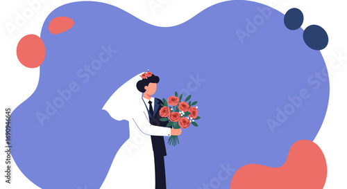 Joyful wedding couple in formal attire, holding a rose bouquet, celebrating their union. Perfect for marriage, love, and event concepts.