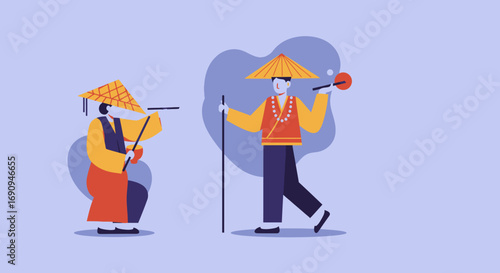 Two figures in traditional Asian attire, wearing conical hats, engaged in a cultural ritual or journey. Illustrates tradition, travel, and devotion.