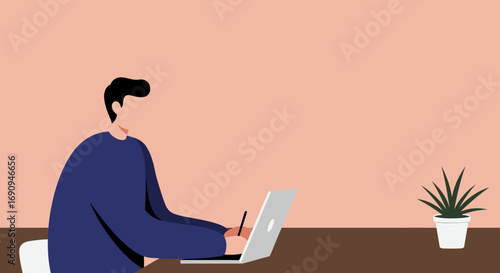A focused man works efficiently on his laptop at a minimalist desk, embodying modern remote work and digital productivity. Ideal for business, education, or lifestyle content.