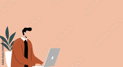 Flat vector illustration of a professional man working on a laptop with a plant beside him, ideal for business, technology, or remote work concepts.
