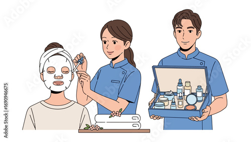 Skincare professionals applying facial mask and presenting beauty products for spa treatments and cosmetic procedures in a modern clinic setting