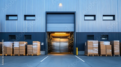 Loading dock entrance of a modern industrial warehouse with pallets of cardboard boxes stacked outside
