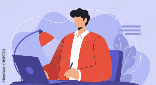 Focused man working on laptop at a desk with a lamp, representing productivity, remote work, and modern business lifestyle.