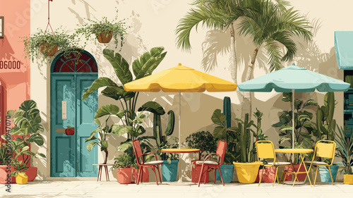 colorful outdoor café with potted plants, patterned chairs, and umbrellas creating a vibrant inviting atmosphere ideal for hospitality and lifestyle marketing.