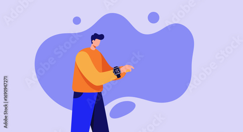Illustration of a man checking his smartwatch, symbolizing modern wearable technology, digital health tracking, and a connected lifestyle.