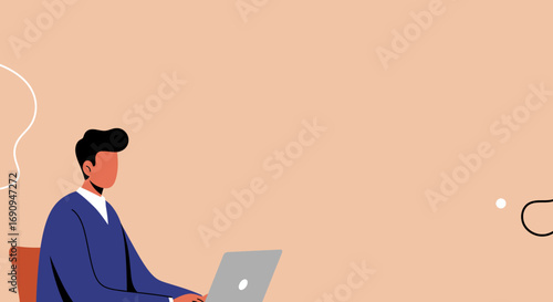 Modern illustration of a professional man working diligently on his laptop, symbolizing business, remote work, and digital productivity.