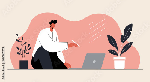 A person works on a laptop with a stylus in a modern, plant-filled home office, embodying remote work, creativity, and a balanced lifestyle.