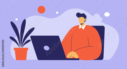 Man working diligently on his laptop in a modern, productive home office setting. Represents remote work, online learning, and digital business solutions.