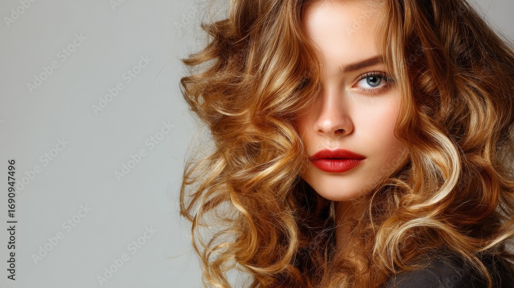 Fototapeta premium Beautiful woman with curly hair red lipstick portrait beauty fashion makeup background