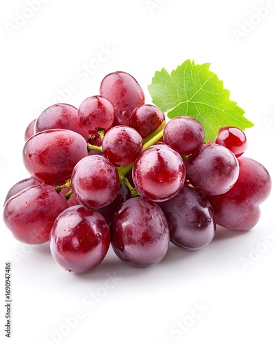 Red Sweet Grapes Cluster with Leaf Isolated on White Background