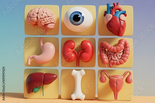 A visually striking grid arrangement of nine transparent cubes each containing a detailed anatomical model of a human organ presented against a soft gradient background