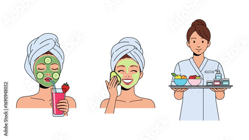 Woman applying a refreshing cucumber and green clay facial mask while another woman holds a tray of spa treatment products