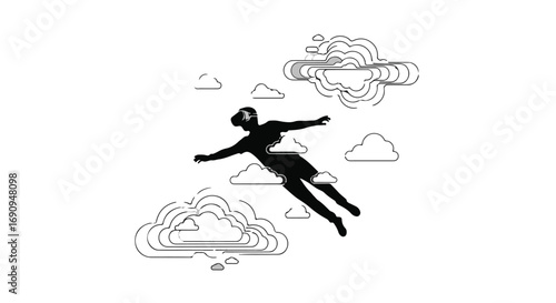 Silhouette of a person in VR headset soaring through stylized clouds, embracing virtual reality